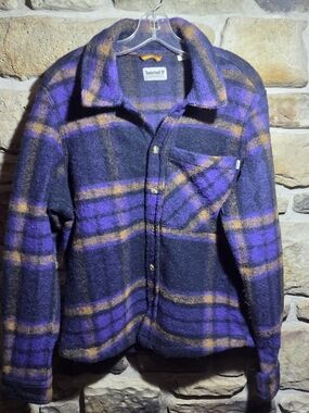 Timberland Wool Blend Heavyweight Plaid Overshirt Jacket Purple Gold Mens Small